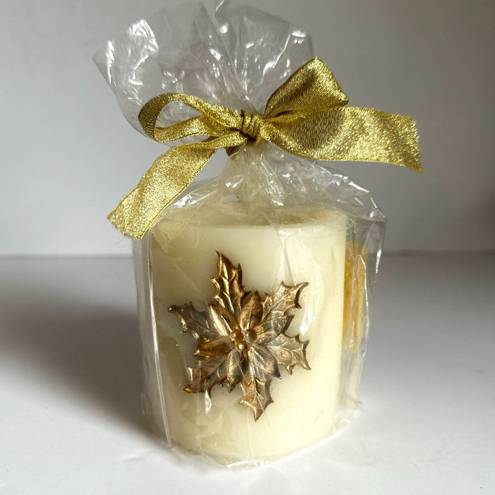 Winter Treasures Holiday Pillar Candle with Gold Poinsettia Flower 3"x3"